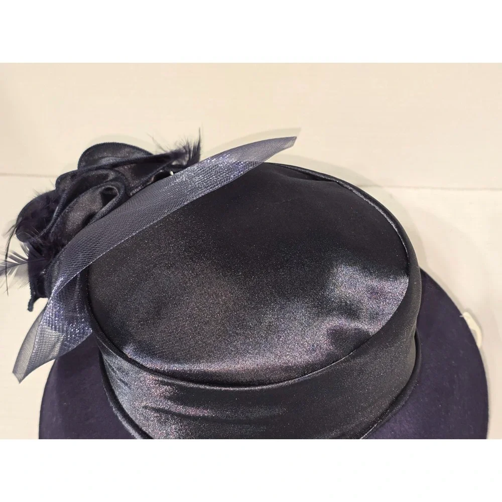 Navy Blue Wool Felt Church Hat Satin Crown Flower Feather Veil Pillbox Wide Brim